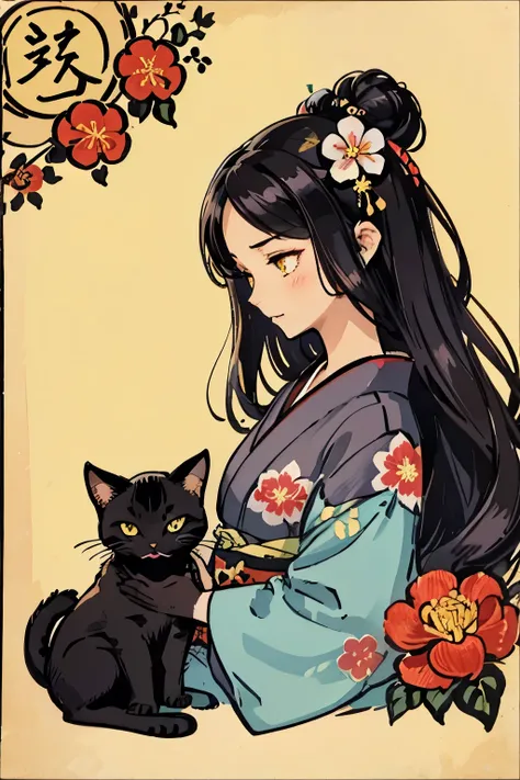 propose a very attractive design, 1 girl and 1 cat, masterpiece, katsushika hokusai-kaze, natural color design, morning glory flowers, bold and beautiful floral design, summer image, japanic style, detailed diagram of the pattern, with the highest quality,...