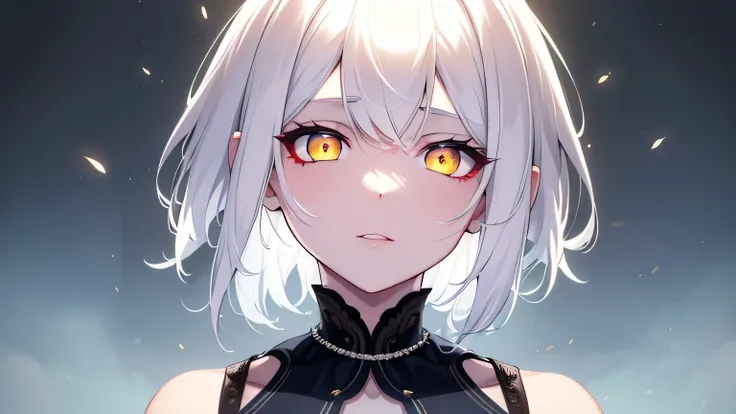 best quality, highres, masterpiece, 1 girl, yellow eyes, white hair, short hair, hollow eyes, glowing eyes, detailed face, shiny skin, vibrant colors, intense lighting,Idol Costumes,Little