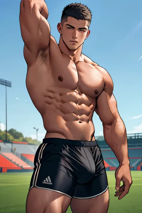 Draw a full-fledged athlete，Stand on the central field of the gym，He wears a high-end sportswear，The man looks confident and determined，looking-down，Crew cut，full bodyesbian，shooting from below，shirtless, no pants, underwear