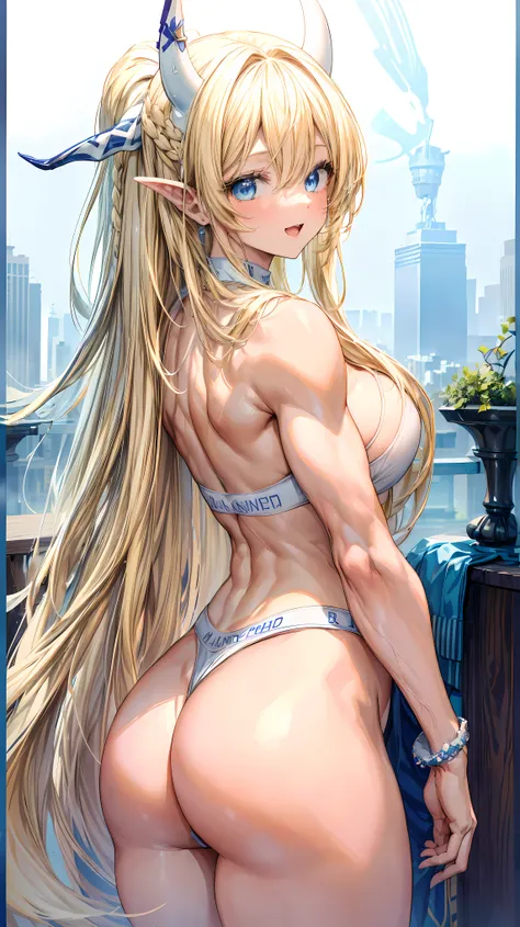 Very detailed、highest quality、Best image quality、masterpiece、8k、Sparkling Blue Eyes、Anime Face、A kind smile、Open Mouth、(Blonde long hair:1.5)、(SFW Giant)、Rear View、Cowboy Shot、(White Thong:1.5)、(Muscles of the whole body)、Horn、ckundies