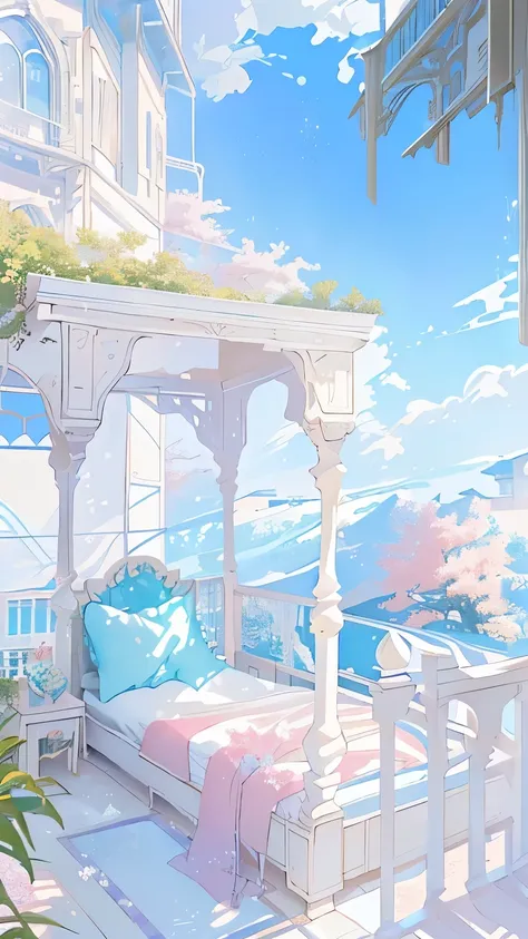 There is a white bed on the terrace next to the swimming pool, Anime Background art, Anime beautiful peaceful scene, Anime Background, Fantasy Landscape Art, Landscape Artwork, Detailed scenery —width 672, beautiful Anime Landscape, Bedroom Background, Ani...