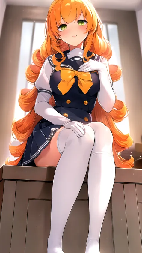 ((highest quality)), ((masterpiece)), (detailed), Perfect Face, bangs Full van Orange hair beats yellow Deep green eyes, bangs, Princess Cut Ears are hidden Long Hair Outer curl drill roll hair Gray sailor suit Pleated skirt White thigh-high socks Thighs ...