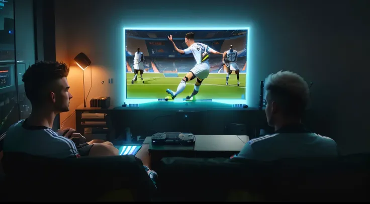 there are two men watching a soccer game on tv, gaming room, gaming room in 2 0 4 0, led gaming, tv commercial, game footage, 8 k backlit, gaming, video - game, 4 k luminous lighting, ps5 cinematic screen capture, cinematic mood lighting, dramatic lighting...