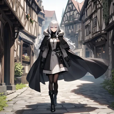 A woman wearing a luxurious gray cold-weather coat, black tights, black military hat, long black cape, long silver hair, burgundy eyes, serious face, full body, black gloves, German iron cross necklace, walking on a stone sidewalk luxurious medieval, in a ...