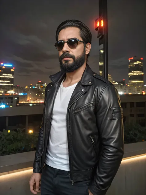 a man with a beard and sunglasses wearing a black leather jacket over a white t-shirt, standing in a modern cityscape at dusk with tall buildings, neon lights, and a cloudy sky, edgy and cool urban nightlife scene, realistic, photorealistic, vivid colors, ...