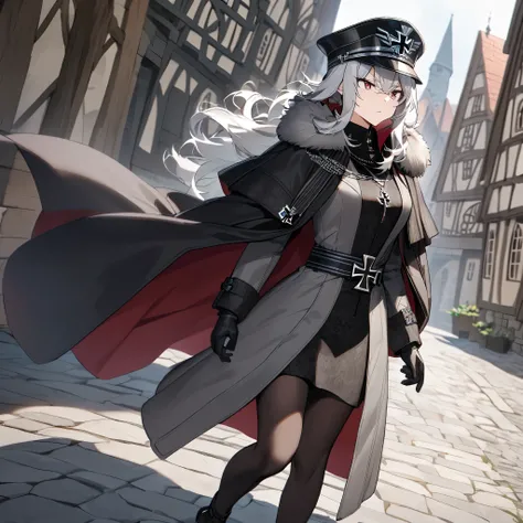 A woman wearing a luxurious gray cold-weather coat, black tights, black military hat, long black cape, long silver hair, burgundy eyes, serious face, black gloves, German iron cross necklace, walking on a stone sidewalk luxurious medieval, in a traditional...