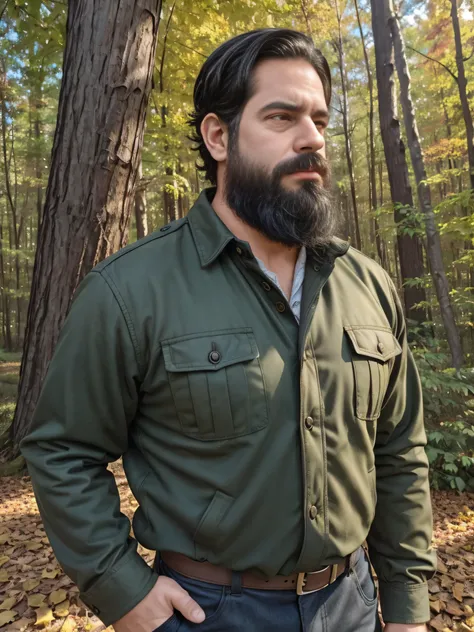 {
  "prompt": "A very masculine 38-year-old man with a beard and wearing dark sunglasses, shown in a medium close-up shot displaying the upper part of his body. He is dressed in a rugged, outdoor outfit consisting of a dark green flannel shirt and a brown ...