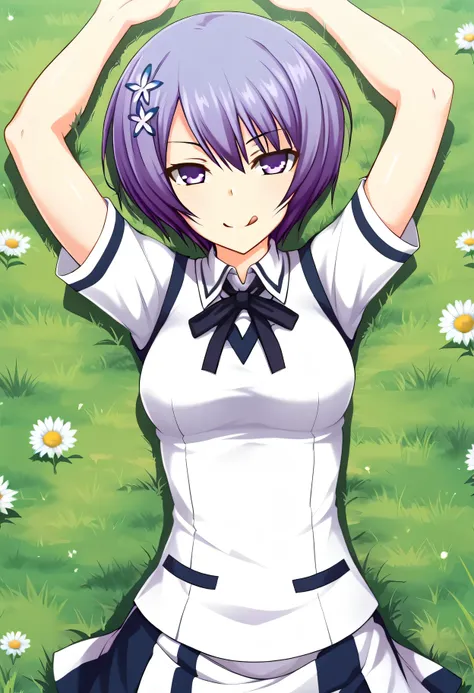 shiina miyako, purple hair, short hair, purple eyes, hair ornament, , short sleeves, white sweater vest, white shirt, white skir...