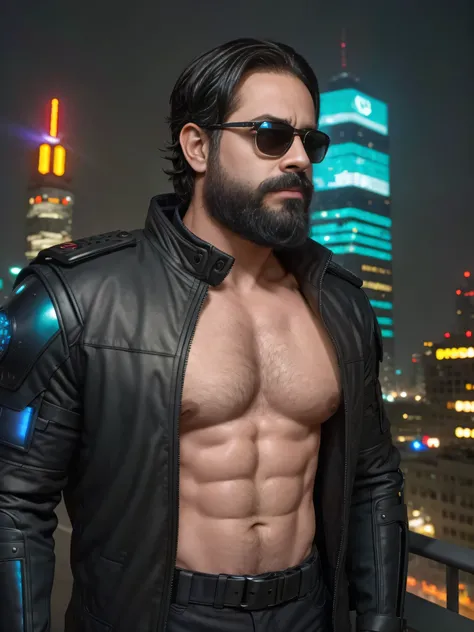 {
  "prompt": "A very masculine 38-year-old man with a beard and wearing dark sunglasses, shown in a medium close-up shot displaying the upper part of his body. He is wearing a futuristic, sleek black armored jacket with subtle glowing blue accents. The ba...