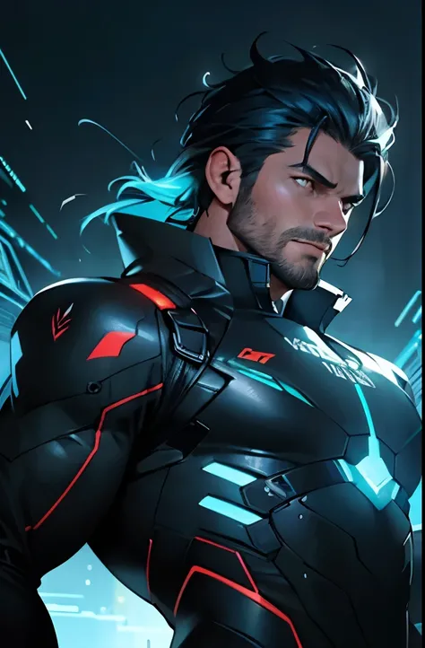 High-voltage Electricity Scene, Detailed Illustration, Focus on Male Character, Stubble, Dark Eyes, Suspended Posture, Intense Concentration, Powerful Muscles, Glowing Neon Outline, Masterpiece Quality, 4K Resolution, Abstract Electrical Surges, Electric W...