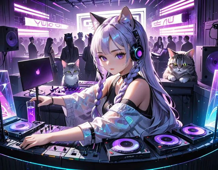 girl djing in a club, cyberpunk, white-purple gradient braided long hair twinkling lights, neon holography transparent cat sitti...