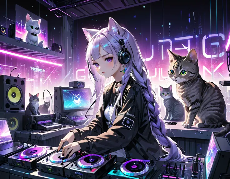 girl djing in a club, cyberpunk, white-purple gradient braided long hair twinkling lights, neon holography transparent cat sitti...