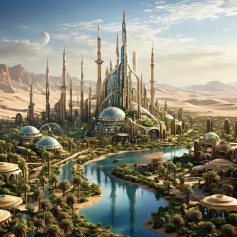 A futuristic city built around a desert oasis, with high-tech buildings and lush vegetation, photorealistic, finely rendered textures, digitally enhanced.