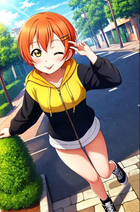 Masterpiece, best quality, Hoshizora rin, orange hair, yellow eye,one eye closed,solo, looking_at_viewer, blush, short_hair, long_sleeves, standing, collarbone, yellow_eyes, hair ornaments, ;p, village street, hood, bare_legs, hoodie, standing_on_one_leg, ...