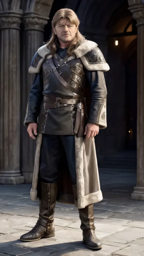 (sean bean) as eddard stark, armor, fur, boots, standing, in a medival city, (1man), (solo), (full body view), beautiful detaile...