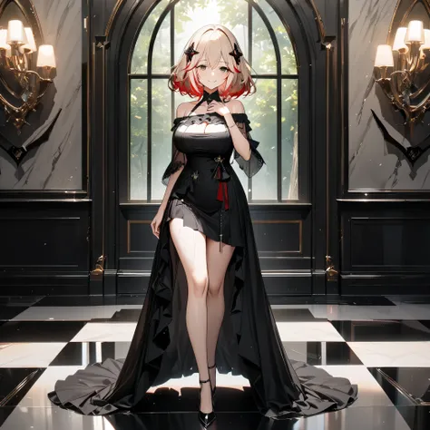 A woman wearing a low-cut black dress, off-shoulder, black heels, short blonde hair, red bangs, (multi-color hair) (KMS_roon azur_lane) brown eyes, walking in a luxury room, gray marble floor, white wall, glass window great luxury overlooking a forest, smi...