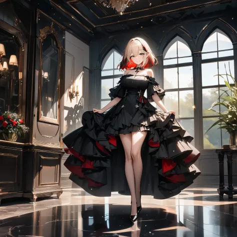A woman wearing a low-cut black dress, off-shoulder, black heels, short blonde hair, red bangs, (multi-color hair) (KMS_roon azur_lane) brown eyes, walking in a luxury room, gray marble floor, white wall, glass window great luxury overlooking a forest, smi...