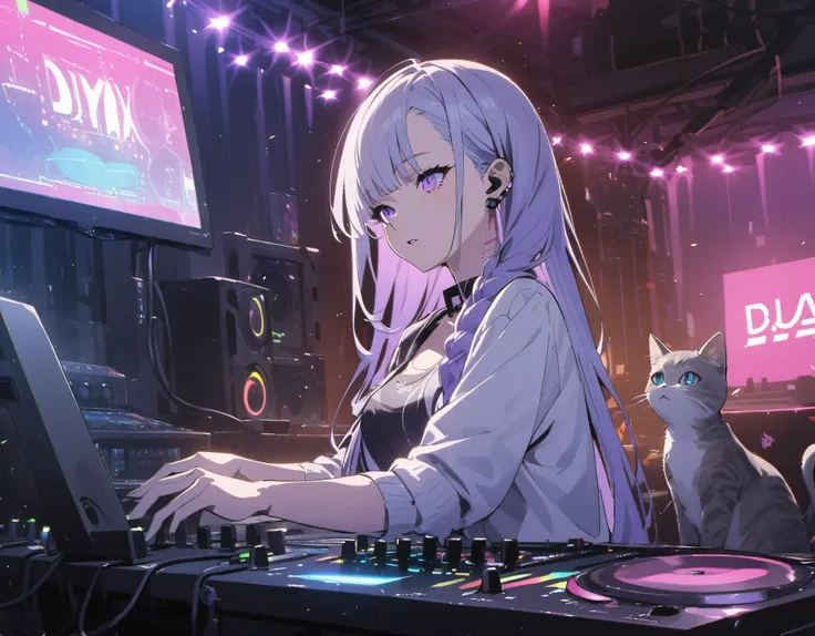 girl with cat, girl djing in a club, cyberpunk, white-purple gradient braided long hair twinkling lights, neon holography transp...