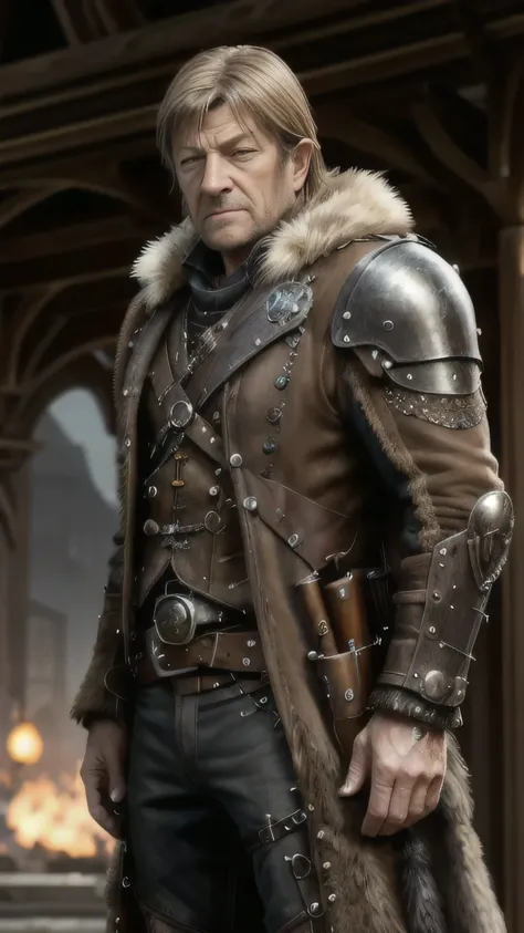 steampunkai, (sean bean) as eddard stark, stubble, steampunk armor, steampunk fur, steampunk boots, standing, in a steampunk cit...