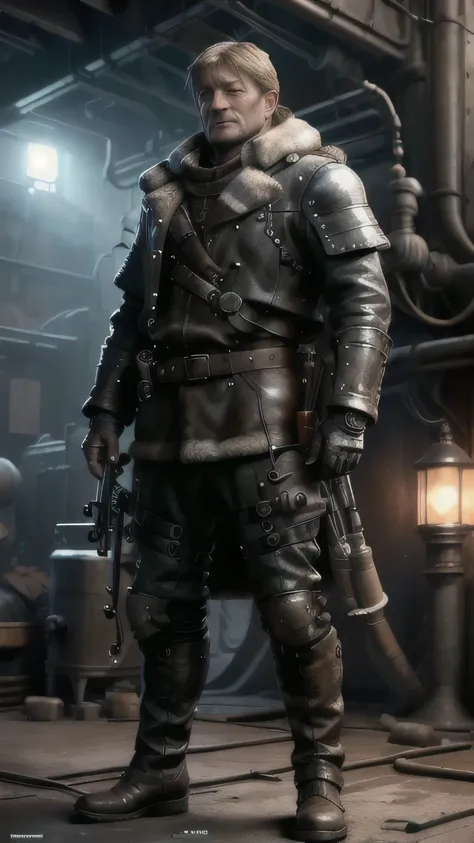 dieselpunkai, (Sean Bean) as Eddard Stark, stubble, dieselpunk armor, dieselpunk fur, dieselpunk boots, standing, in a dieselpunk city, (1man), (solo), (full body view), beautiful detailed glow, detailed, cinematic light, intricate detail, realistic, highr...