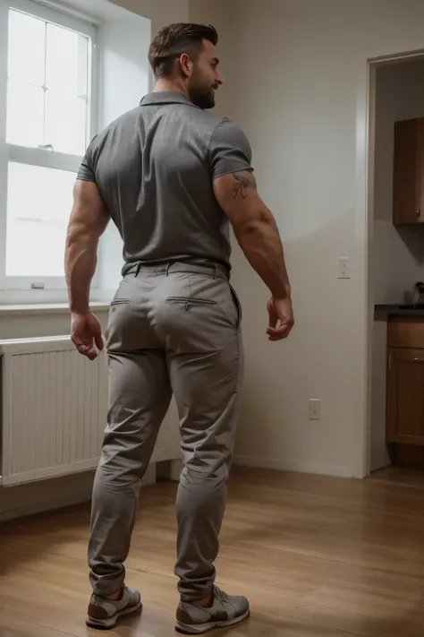 Award-winning original photoen, 30 years old man and wild muscular man, 40 years old, short beards, burly, hunk, wearing shirts, smilling happil, detailed, lovely, (((full body))), gray trousers (((backside)))