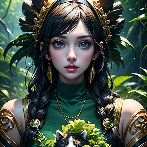 A young girl and a large fluffy cat-like creature in a lush forest、Detailed face、Highly detailed eyes、Beautiful detailed lips、Long eyelashes、Realistic and intricate details、Beautiful natural light、Bright colors、Cinematic composition、Award-winning digital a...