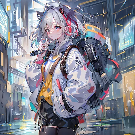 8K resolution、((top-quality))、((masterwork))、((ultra-detailliert))、1 woman、solo、incredibly absurdness、Oversized Hoodies、white earphone、street、plein air、Sateen、neons、Shortcut Hair、Brightly colored eyes、Hands in pockets、shortpants、water dripping、really cute