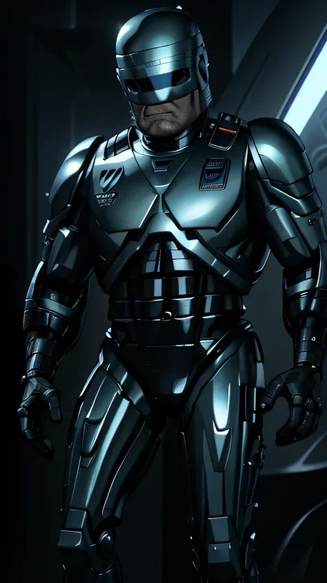 (sean bean) as robocop, helmet, stubble, (1man), (solo), (full body view), beautiful detailed glow, detailed, cinematic light, i...