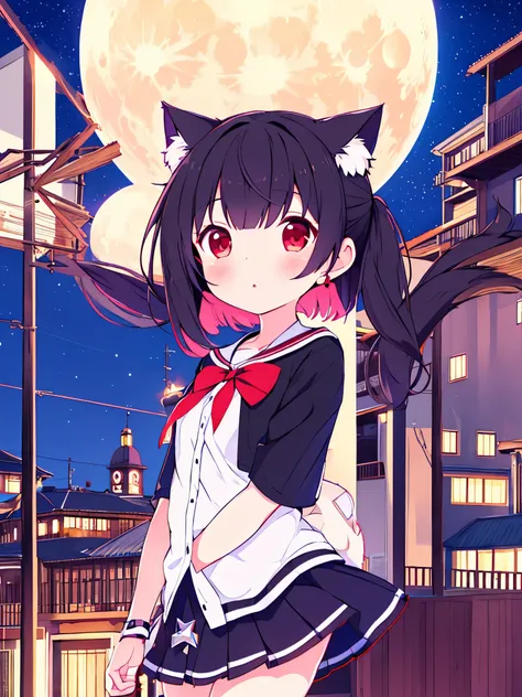 1 girl black  hair red eyes mahou Shoujo short skirt  on top of a building in starry sky with full moon cola de gato nekomimi gran caildad de detalle