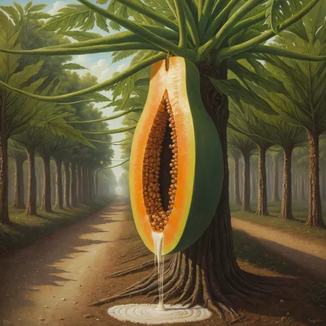 there is a papaya hanging from a tree in a field, chorreando de leche, inspired por Jacek Yerka, inspired por Vladimir Kush, en Joop Sanders, jacek yerka y vladimir kush, por Vladimir Kush, inspirado por Christoffer Wilhelm Eckersberg, by Peter de Sève, po...