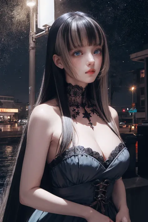 Silver-haired, Standing in water, Parted bangs, Modern, Surreal, Cinema Lighting, Chiaroscuro, masterpiece, Textured skin, High resolution, high quality, High detail, Beautiful Face, big, pronounced cleavage, Translucent clothing, Starry Sky, Grey Eyes, Bi...