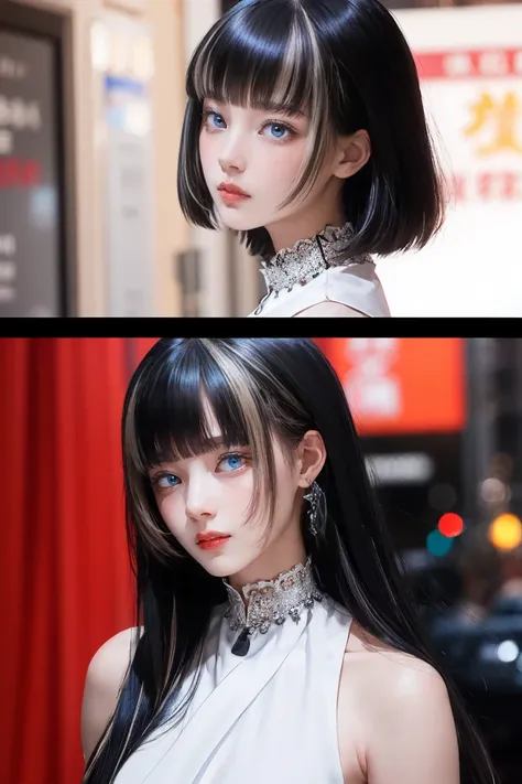 (master parts), expressive eyes, highest quality, graceful pose, black hair, perfect face, bangs covering the forehead, big , bi...