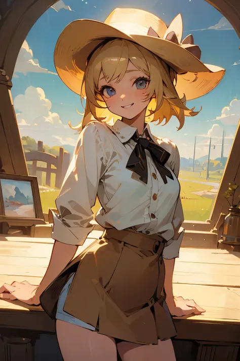 (Best quality:1.1), (Masterpiece:1.4), (Illustration fantastique:1.2), 1fille, cute girl, cowgirl, White shirt, short skirt, Blond hair, cowboy hat, Wide smile, cowboy 