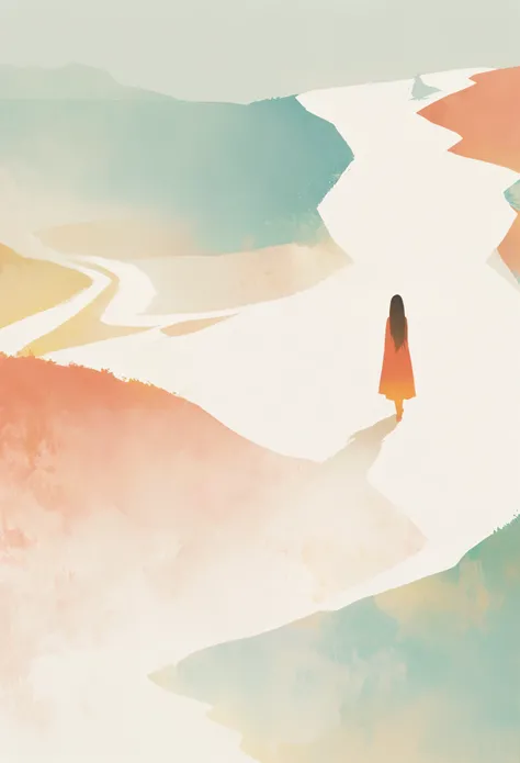 a minimalist journey portrayed through an illustration from a birds eye view, featuring a girl and a cat embarking on a serene and contemplative adventure. The simplicity of the scene enhances the focus on the girl and the cat, highlighting their bond and ...