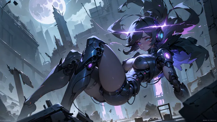 Female cyborg wearing headphones、A little broken、1 female、Big Breasts、sexy、Moonlight、Unbuttoned、Downlight、full moon、In the rubble、In the ruined city、Butt、Beautiful buttocks、Plump、Sideboob、Half naked、Eyes glowing red、Flying through the sky using jets on his...