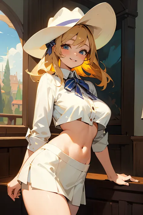 (Best quality:1.1), (Masterpiece:1.4), (Illustration fantastique:1.2), 1fille, cute girl, cowgirl, White shirt, short skirt, Blond hair, cowboy hat, Wide smile, cowboy, big breasts, exposed stomach