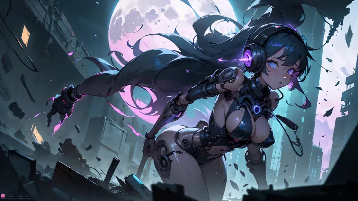 Female cyborg wearing headphones、A little broken、1 female、Big Breasts、sexy、Moonlight、Unbuttoned、Downlight、full moon、In the rubble、In the ruined city、Butt、Beautiful buttocks、Plump、Sideboob、Half naked、Eyes glowing red、Flying through the sky using jets on his...