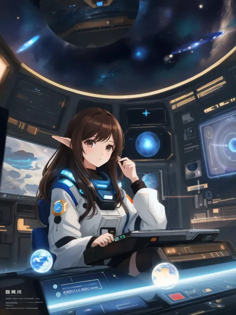 (brown hair swept bangs:1.3), arafed woman in a space station with a laptop and a planet, powerful woman sitting in space, sitting sad in spaceship, elven spirit meditating in space, girl in space, in a space station, depicted as a scifi scene, sci - fi il...