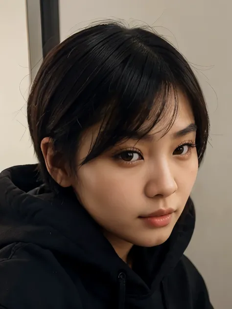 Asian girls with black oversize hoodie, short hair and chubby face (close up selfie)