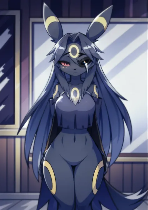 ((masterpiece, best quality)), (Pokémon), (umbreon) (furry), 4k, Detailed, Intricate Details, solo, one character, eye patch, woman with an eye patch, best quality, (female), fluffy fur, (tail), (2 ears), exposed navel, detailed breast, long flowing hair, ...