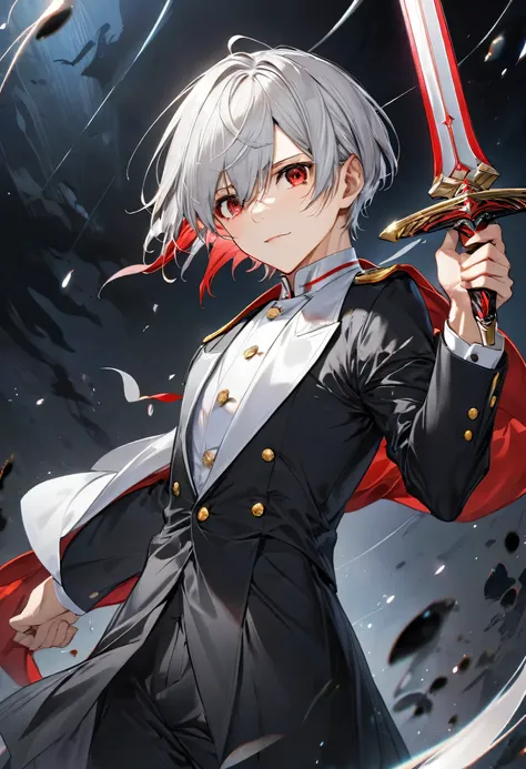 (battle style) (solo very short back hair, silver hair divine sword fighter boy, detailed red eyes, serious face), (with both hands holding a divine Zweihander, ready fight mode), (in a butler uniform), BREAK, (in the darkness deep abyss), BREAK, perfect a...