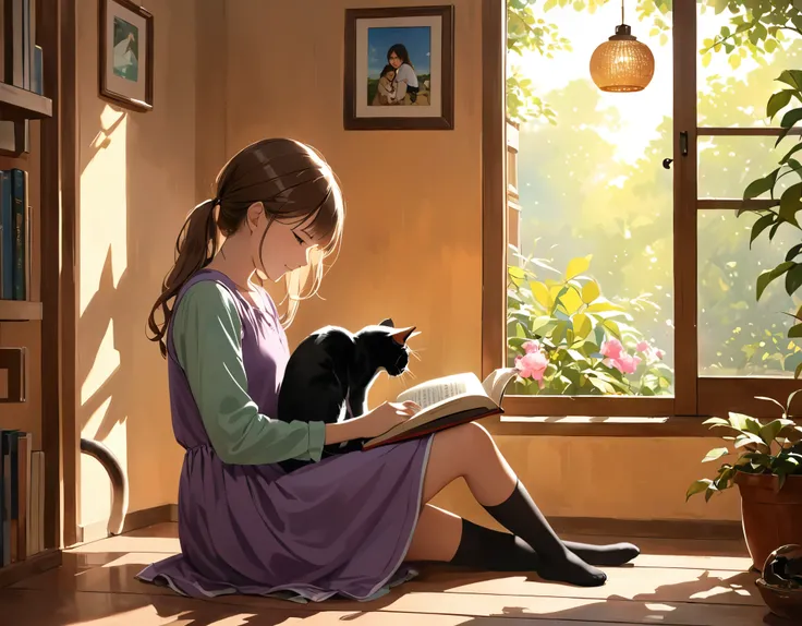 anatomical correct，photography of a girl and a cat reading together, pausing their activity to gaze beyond the camera lens towards you, the viewer. The girl and the cat exhibit a moment of shared curiosity and connection, their attention momentarily divert...