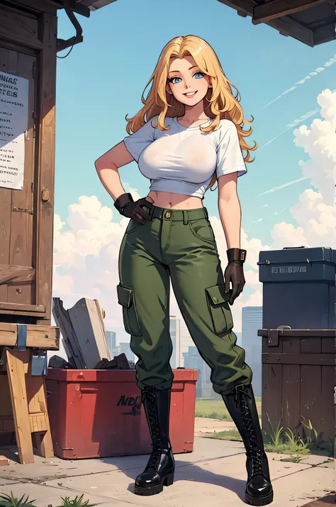 green solid background, 1 woman, best quality, ultra high res, long hair, big full lips, blonde hair, blue eyes, blue military cargo pants, cropped white t-shirt, short sleeves, smiling at viewers, wearing brown gloves, wearing black combat boots, double D...