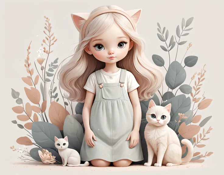 girl with cat clipart, cute, organic forms, flat illustration, desaturated light and airy pastel color palette, nursery art, 