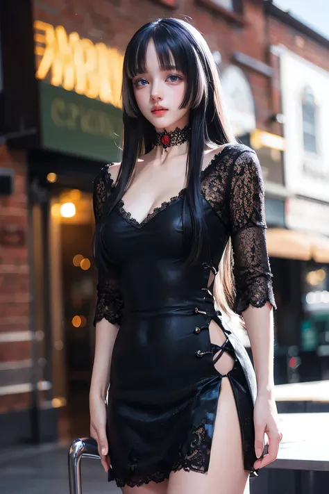 Beautiful girl with realistic black eyes, Pale skin, Long black hair, Perfect Face, Perfect Eyes, ((See-through)),((Deep V-neck tight lace dress)) Very detailed, General Movie, Digital Painting, 8k, Cinema Lighting, highest quality, High resolution, well d...