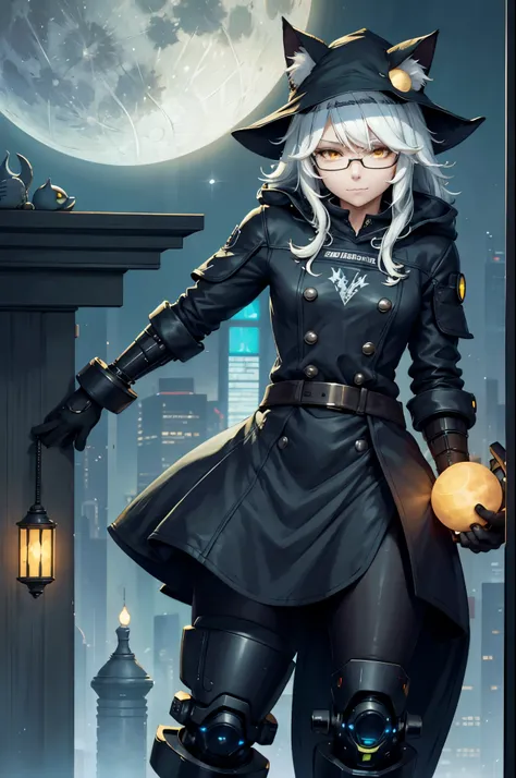 Quality 4k, Solo, Detailed Face, Detailed Eyes Adult Male, Young Adult Male, Male, Goblin, Short, (Wizard Hat), Yellow Moon Decal, Shadow Cat Familiar, Black Chibi Familiar, Glasses, White Hair, (Black Poofy Hair), Bright Yellow Eyes, Pale Moonlight, Deep ...