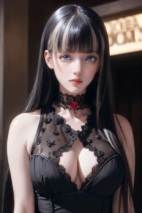 Beautiful girl with realistic black eyes, Pale skin, Long black hair, Perfect Face, Perfect Eyes, ((See-through)),((Deep V-neck tight lace dress)) Very detailed, General Movie, Digital Painting, 8k, Cinema Lighting, highest quality, High resolution, well d...