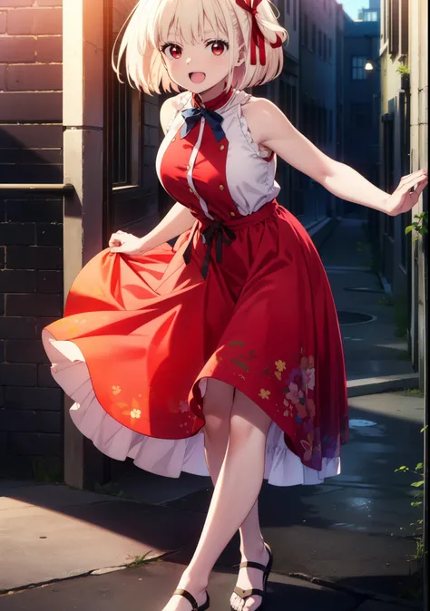 chisatonishikigi, Chisato Nishikigi, short hair, bangs, blonde, (Red eyes:1.5), Hair Ribbon, One side up, Bobcut,happy smile, smile, Open your mouth,
Open your mouth, Red sleeveless dress,Bare arms,Red long skirt,Cute Sandals,whole bodyがイラストに入るように,Daytime,...