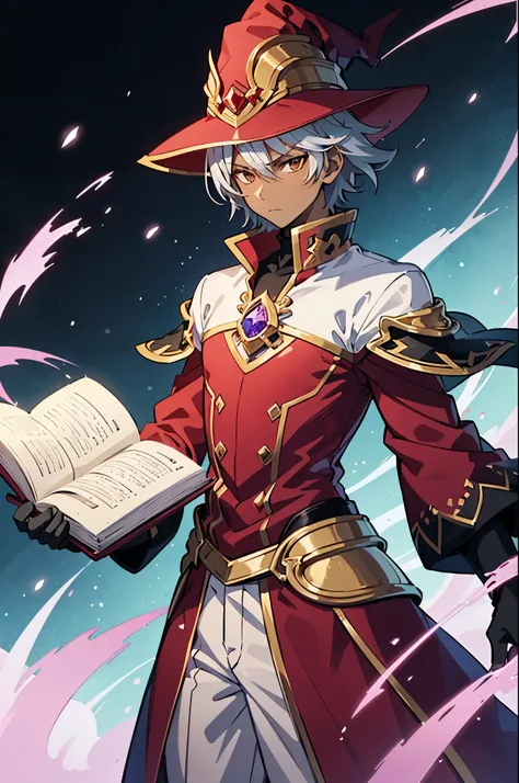 (Complete body, best quality, anime style, 4k) 1 boy!!, solo, dark skin, brown eyes, short silver hair, wizard costure, serious face, red wizard hat with silver details, ciberpunk wizard clothes with silver dettails, red gloves, silver spell book closed wi...