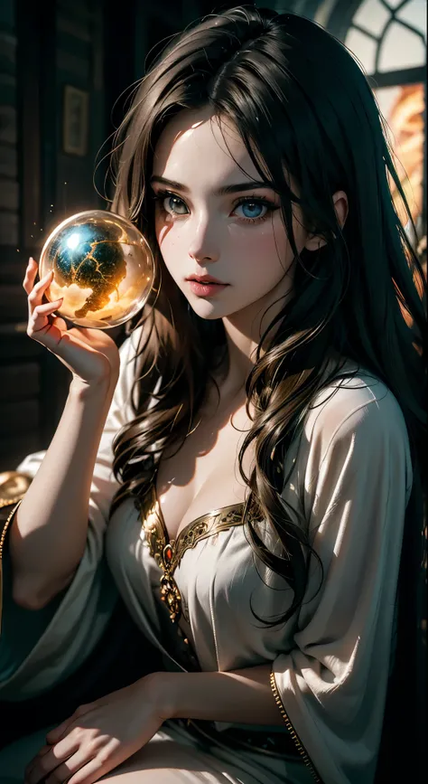 1 girl is 20 years old, A witch is neon lighting on hands, Otherworldly themes with dark fantasy and ethereal fantasy, Bright core with lots of magic orb backgrounds, fantastical realism,  La mejor calidad, highest qualityr, 8k, absurdo nada, High quality ...